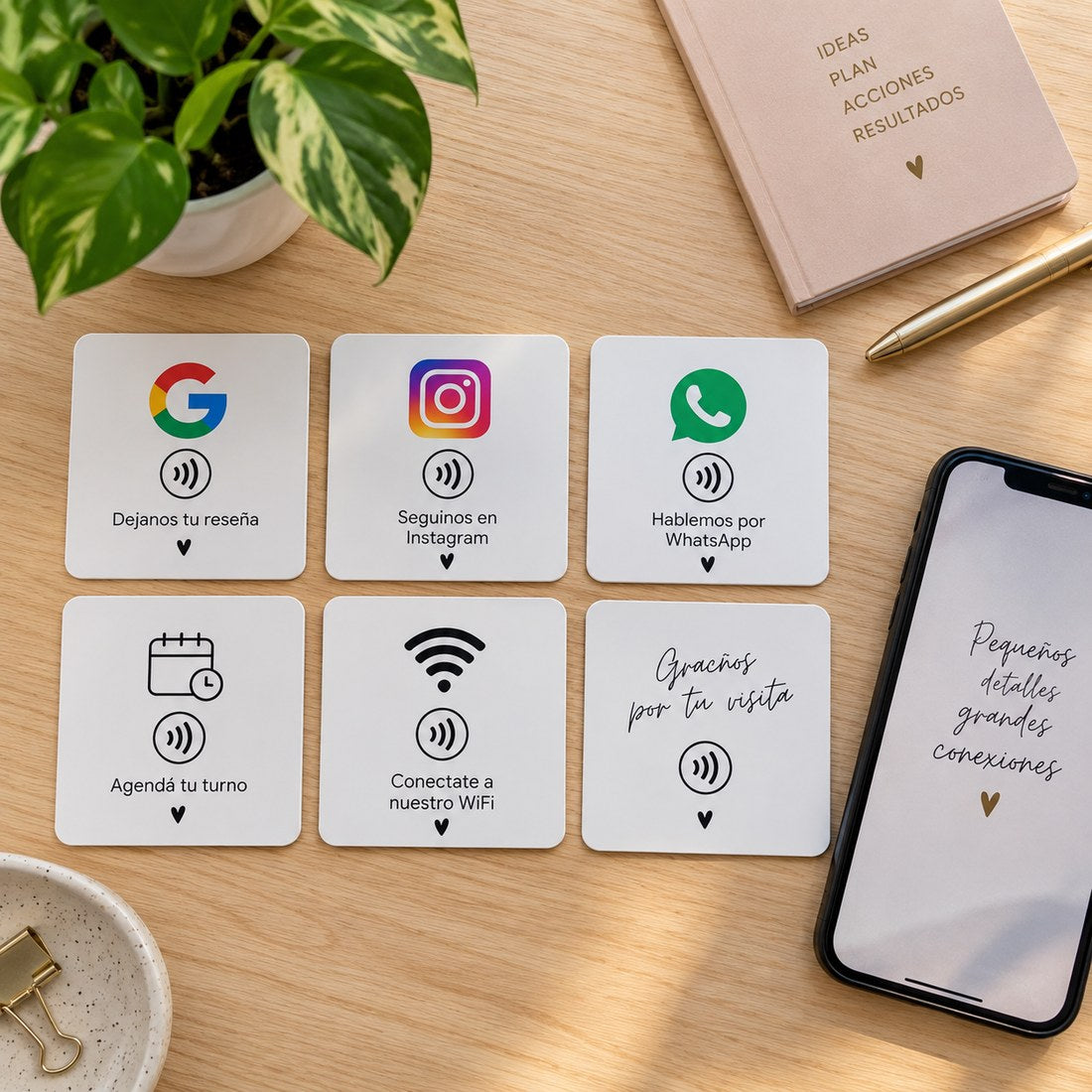 Variedad de tarjetas NFC con distintos diseños: Google, Instagram, WhatsApp, turnos y WiFi