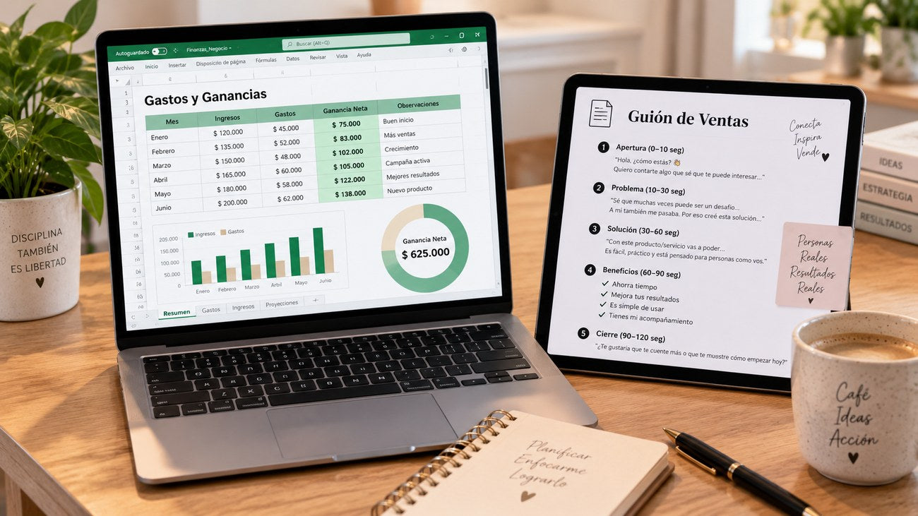 Laptop y tablet mostrando la planilla de gastos y ganancias y el guion de ventas incluidos