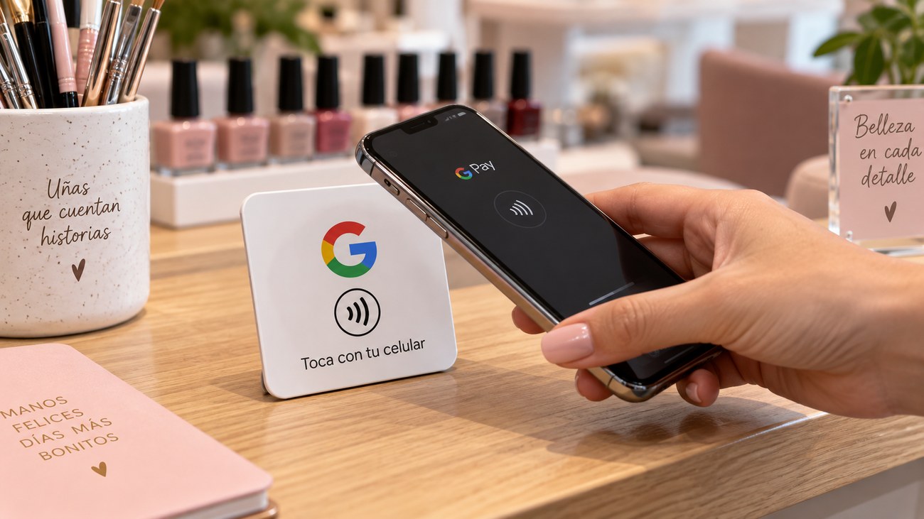 Mano acercando un celular con Google Pay a una tarjeta NFC blanca sobre un mostrador
