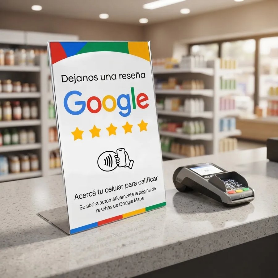 Placa NFC para mostrador apoyada sobre la caja de un local