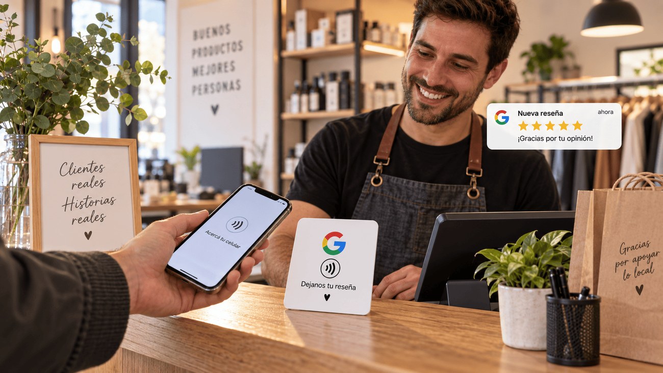 Cliente acercando el celular a una tarjeta NFC de reseñas en el mostrador de un local, mientras la dueña ve la notificación de una nueva reseña de 5 estrellas