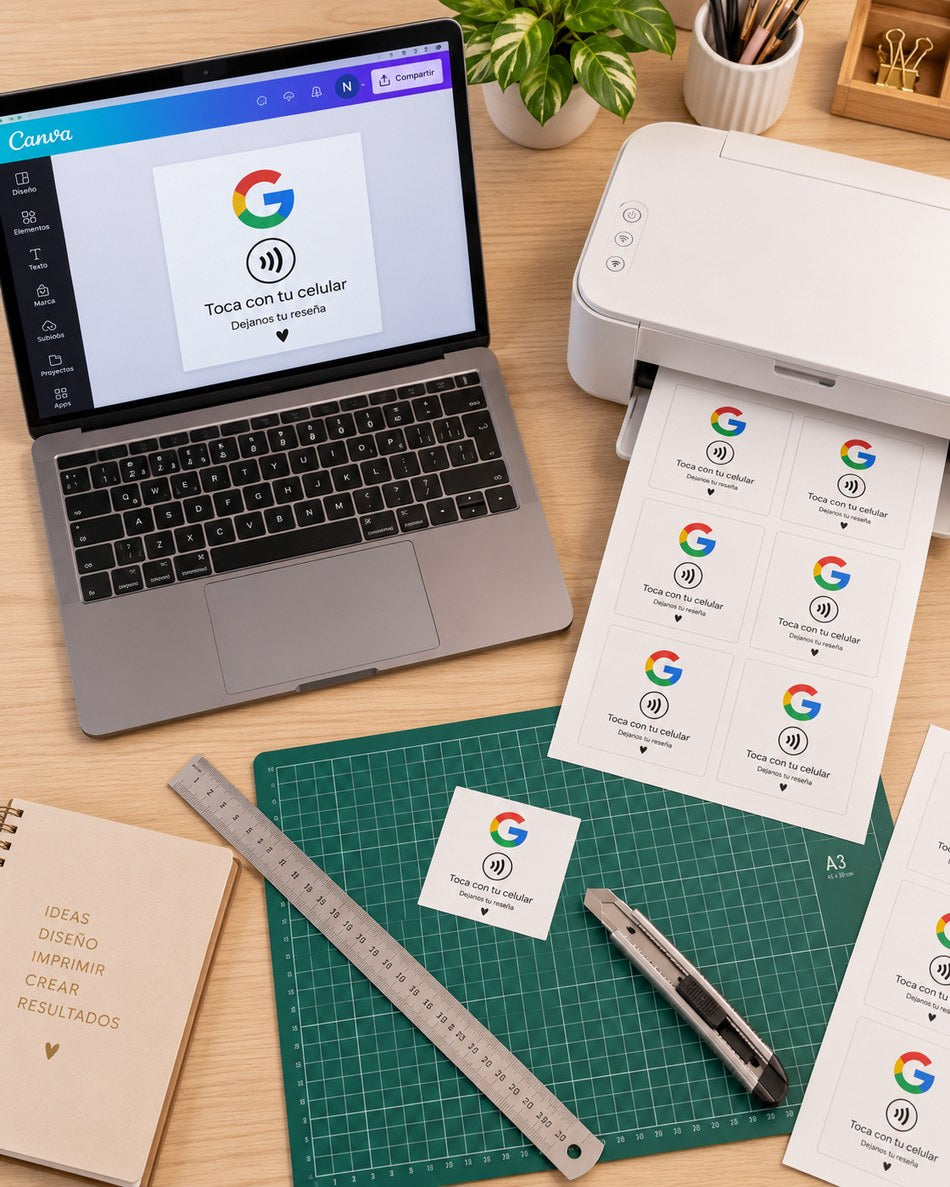 Escritorio con laptop mostrando el diseño en Canva, impresora, cutter y plancha de corte
