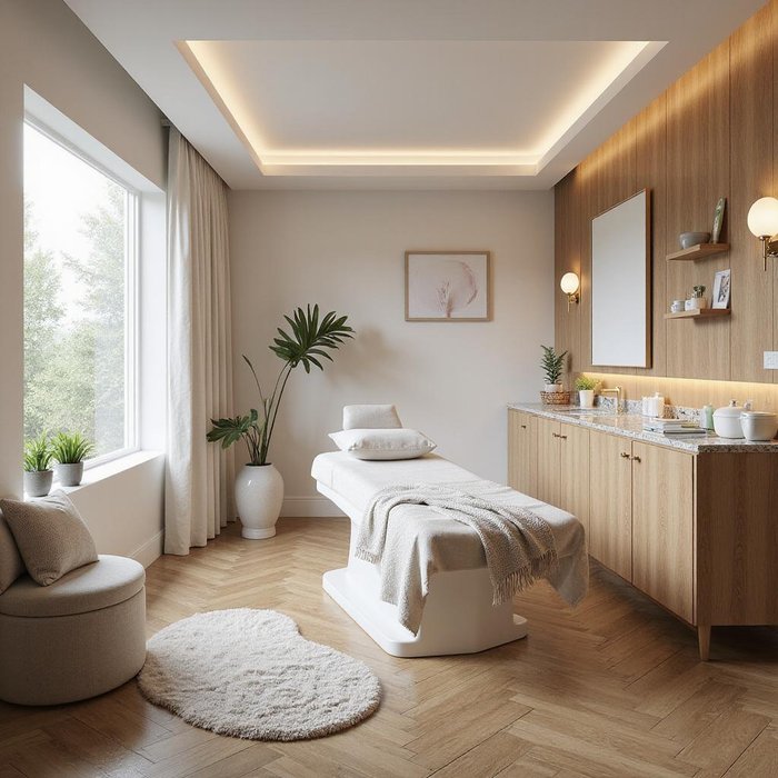 Sala de estética con camilla y ambiente relajado